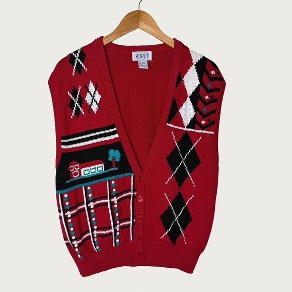 Koret Sweaters - Vintage Koret Sweater Vest Women L Red Cottagecore Argyle Novelty Knit Button
